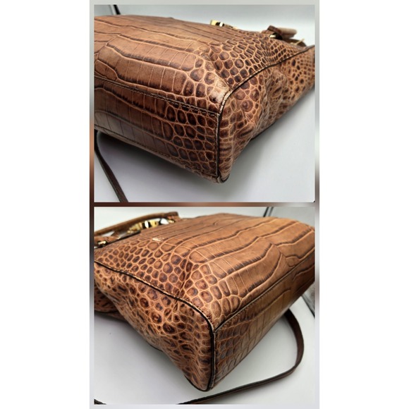 Michael‎ Kors Crocodile Embossed Leather Tote Shoulder Bag Brown Gold Lock Key - Picture 3 of 12